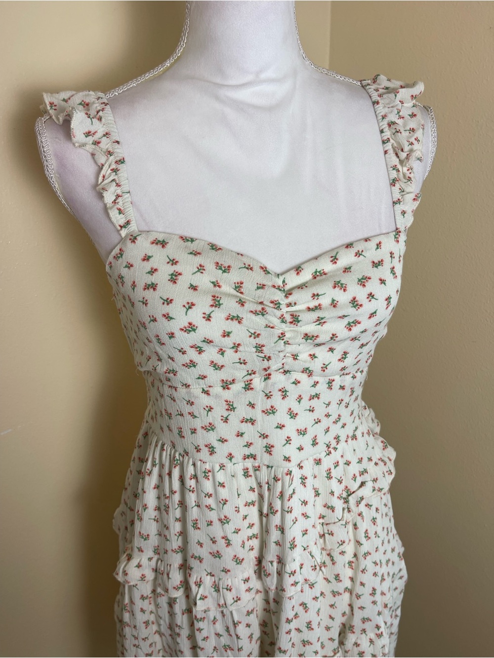 Coquette Floral Ruffle Mini Dress Tiered Cottagecore Tie Back Cutout Sundress M - Picture 10 of 16